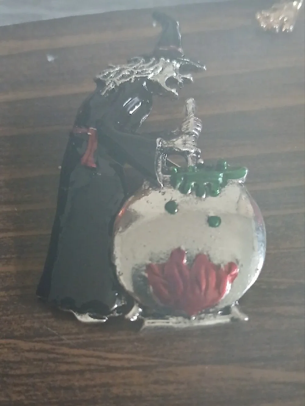 Enamel Witch Brooch with Green Cauldron Accent